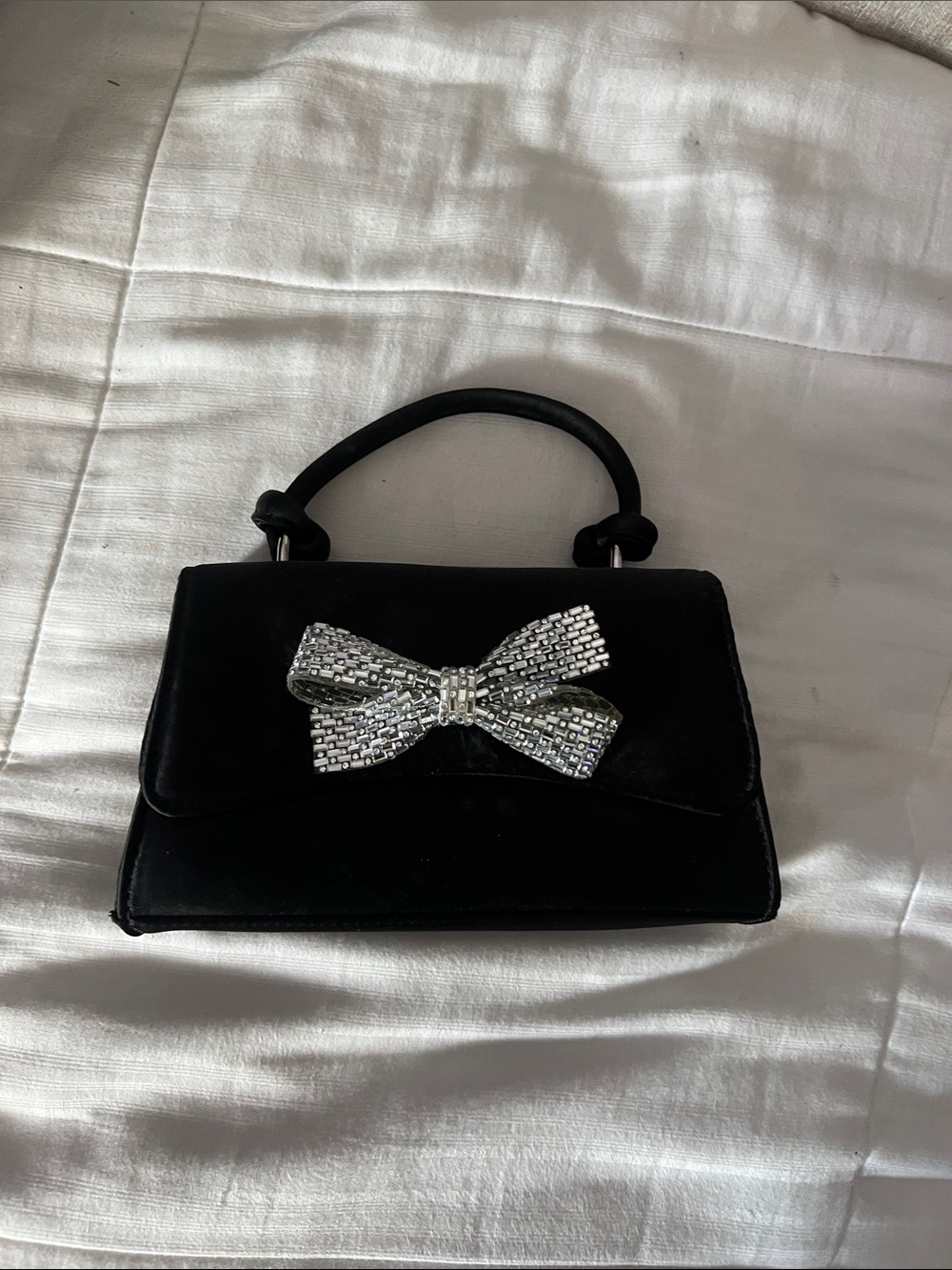 Primark Black Velvet Mini Handbag with Silver Rhinestone Bow
